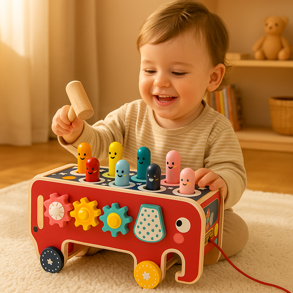 Toddler Playing with Elephant Bus Toy
